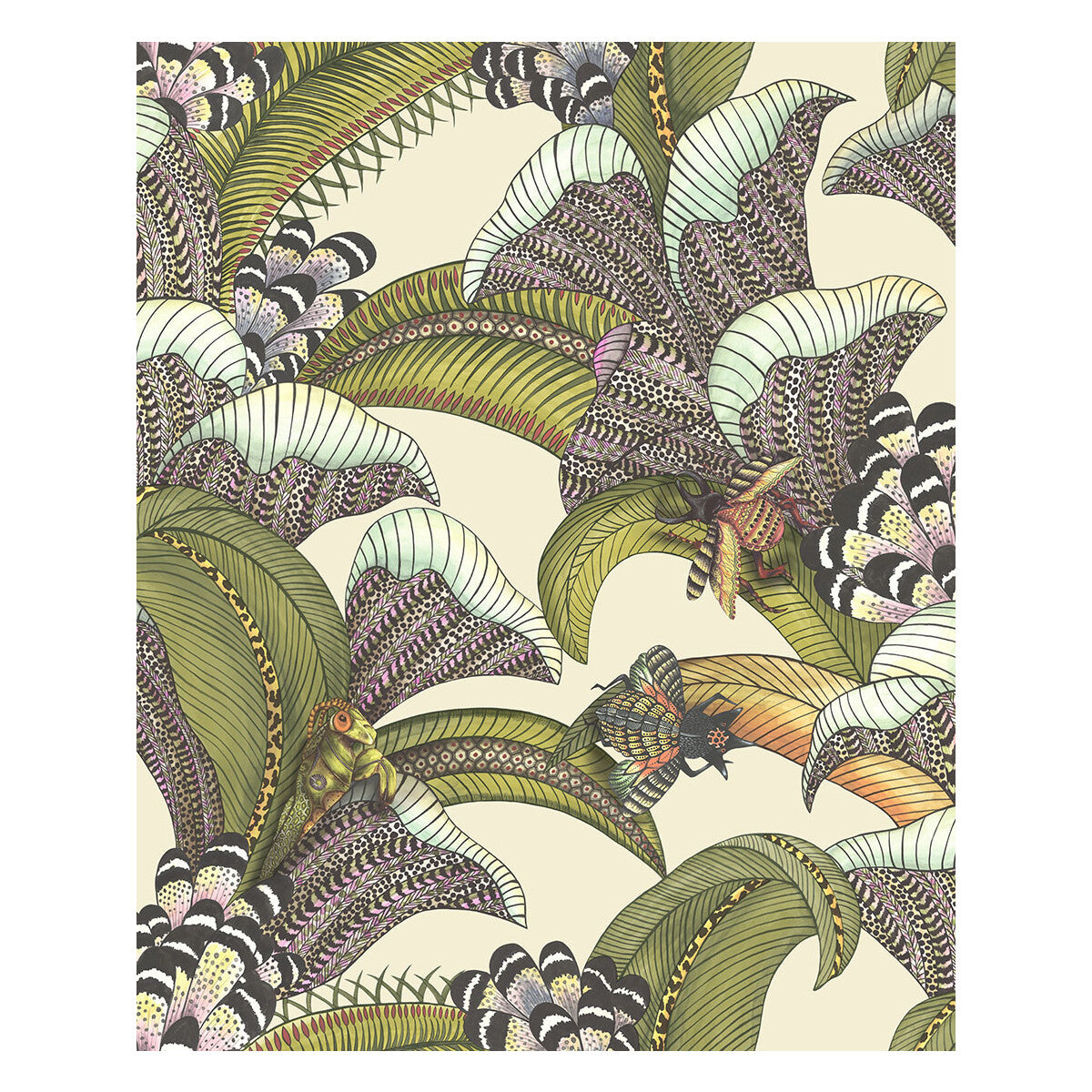 Hoopoe Leaves-Olive/Chart/Fuchsia On Cream