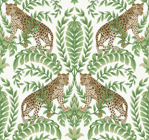 KT2203 Jungle Leopard Wallpaper-White/Green