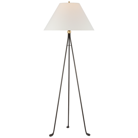 Valley Medium Tripod Floor Lamp in Aged Iron and Gild with Linen Shade