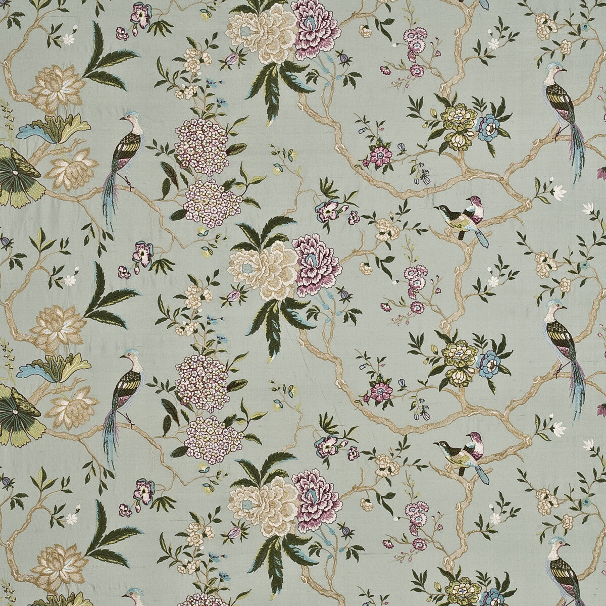 Oriental Bird Embroidery Silk-Aqua/Multi