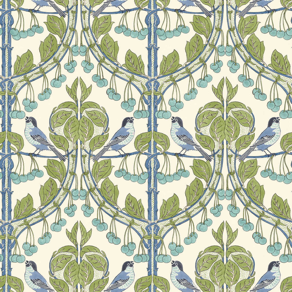 Birds &amp; Cherries-Green/Blue