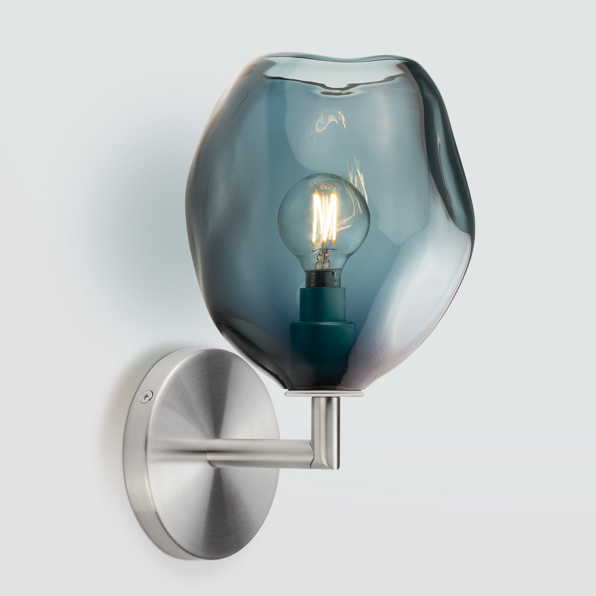 Wabi Sconce Steel Blue Glass Satin Nickel Metal Round Canopy