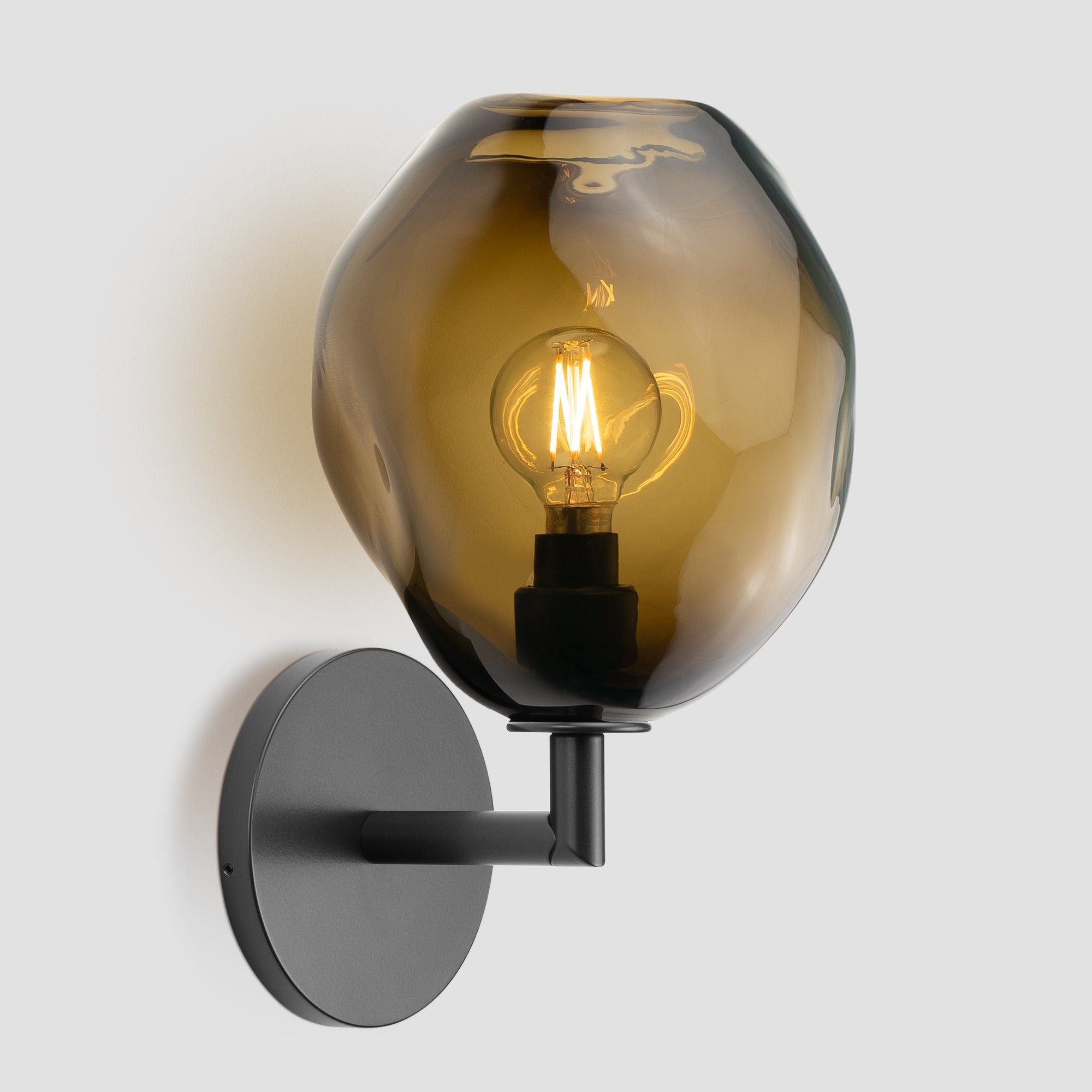 Wabi Sconce Smokey Topaz Glass Black Metal Round Canopy