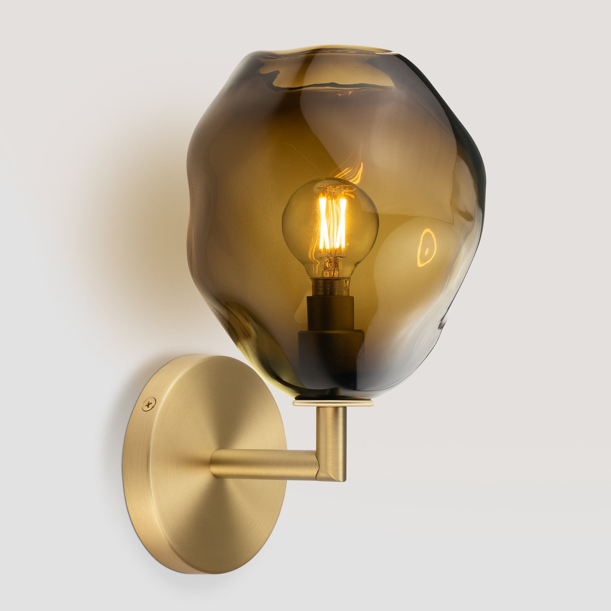 Wabi Sconce Smokey Topaz Glass Brushed Brass Metal Round Canopy