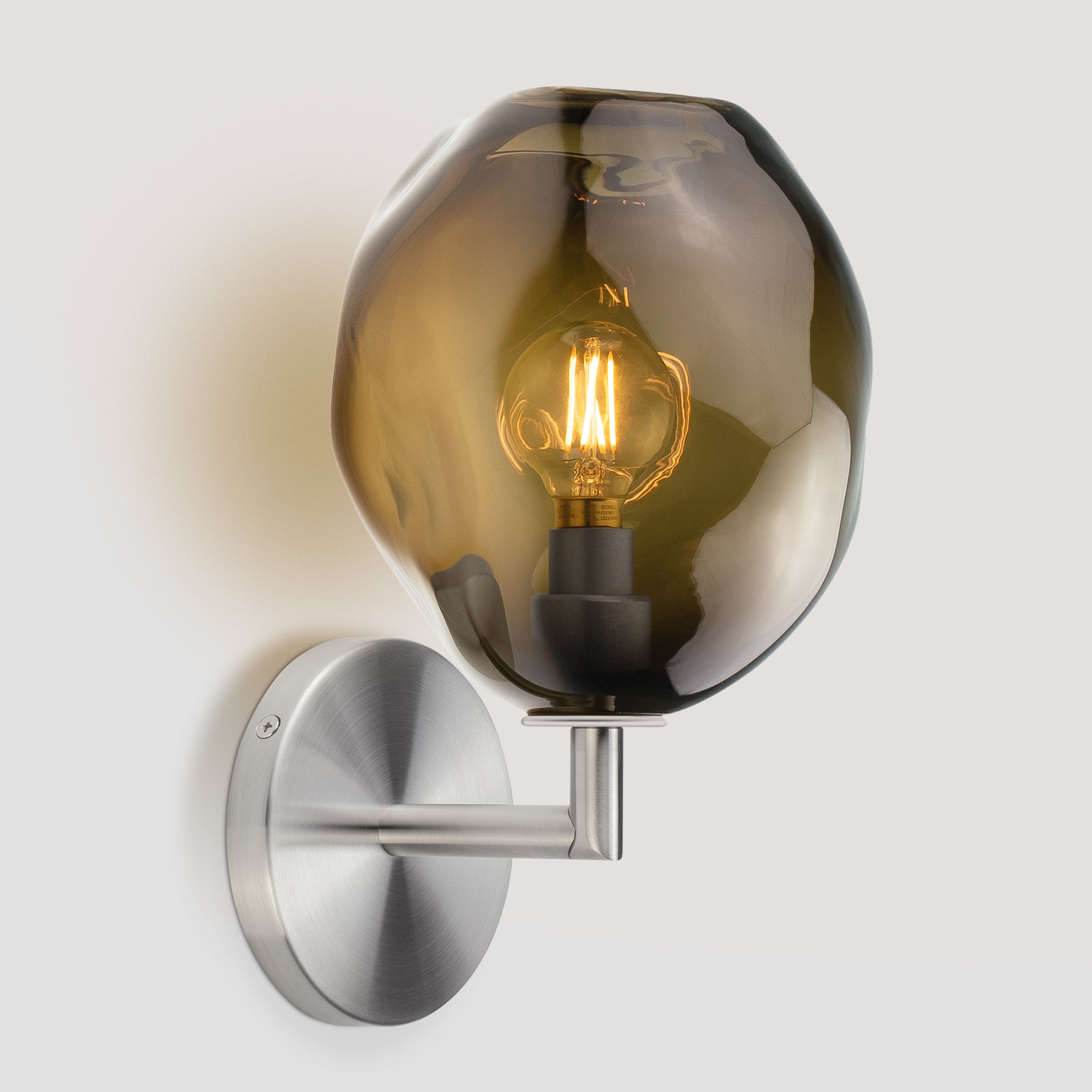 Wabi Sconce Smokey Topaz Glass Satin Nickel Metal Round Canopy