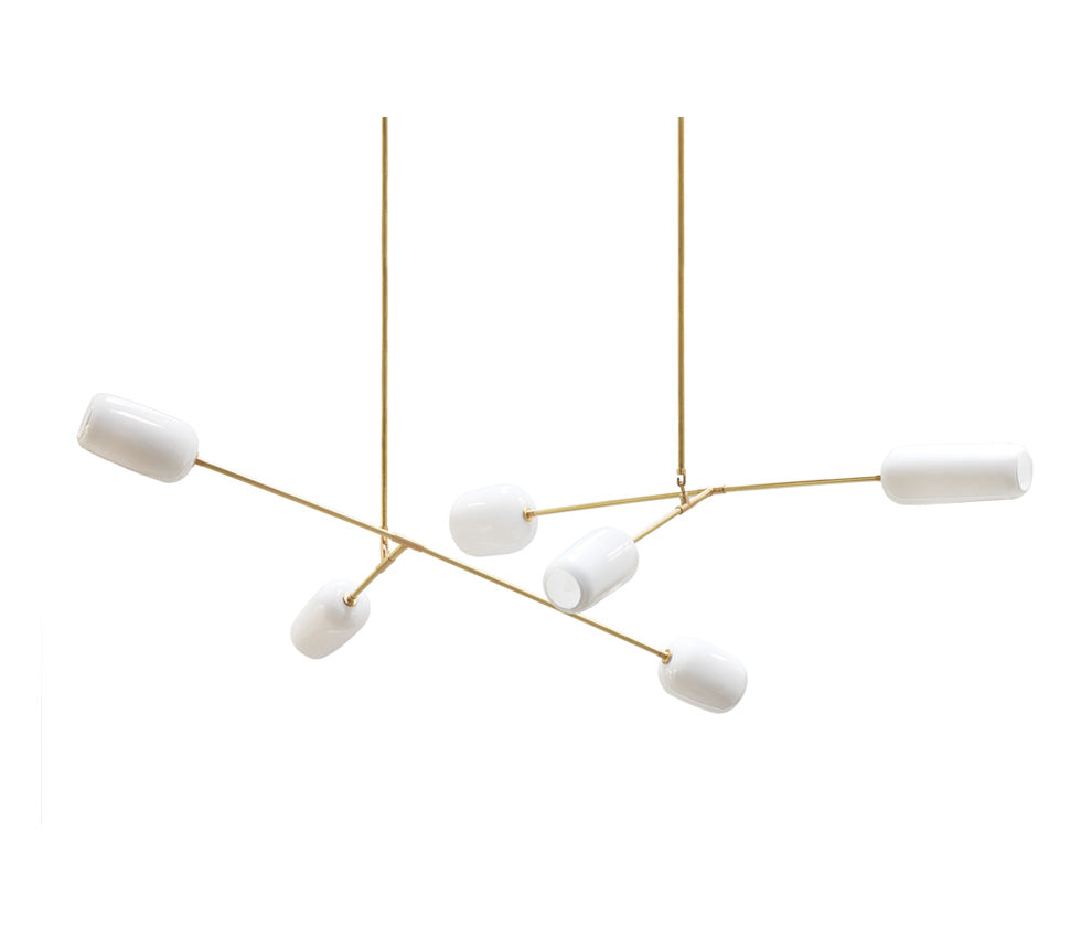 Equi 6 Chandelier Enamel White Glass Brushed Brass Metal