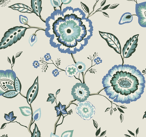 GO8231 Dahlia Blooms Dove/Cornflower Wallpaper-Blue/White/Off White