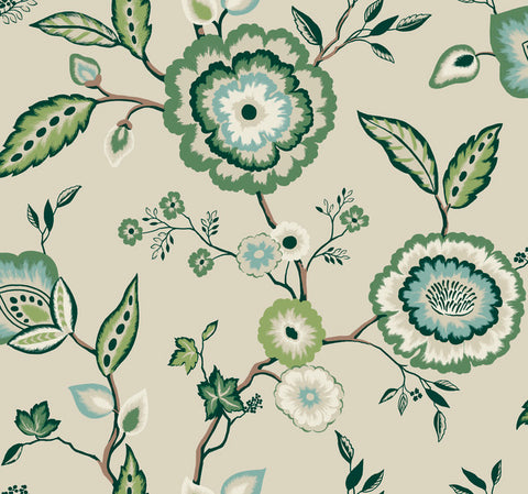 GO8233 Dahlia Blooms Linen/Jade Wallpaper-Gereen/Beige