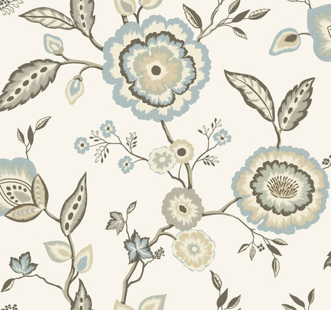 GO8234 Dahlia Blooms Cotton/Sky Wallpaper-White/Off White/Blue