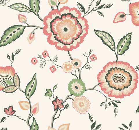 GO8235 Dahlia Blooms Cotton/Coral Wallpaper-White/Off White/Pink