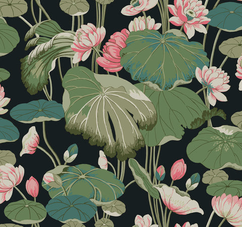 GO8292 Lotus Pond Midnight/Flamingo Wallpaper-Black/Pink