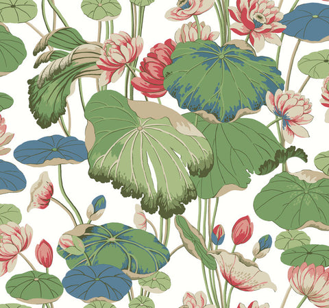 GO8293 Lotus Pond Cotton/Peacock Wallpaper-Green/Pink