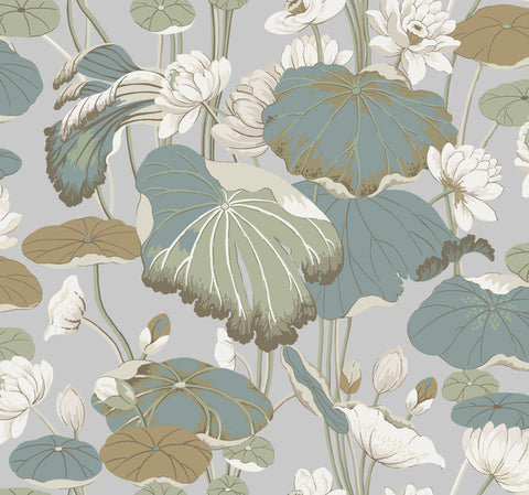 GO8294 Lotus Pond Heather/Cotton Wallpaper-Grey/Blue
