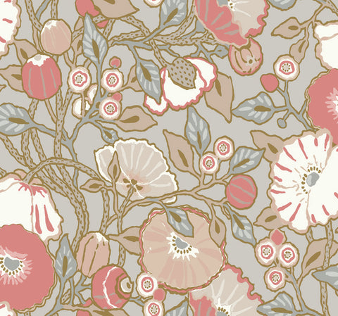 GO8314 Vincent Poppies Dove Wallpaper-Grey/Pink