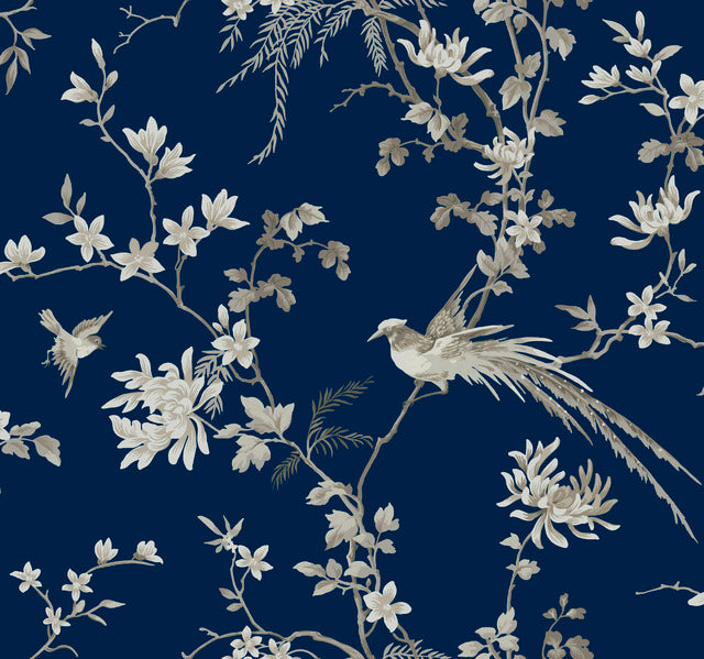 KT2171 Bird And Blossom Chinoserie Wallpaper-Blue