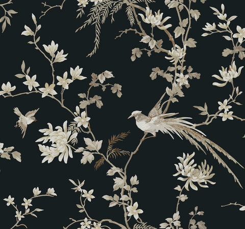 KT2173 Bird And Blossom Chinoserie Wallpaper-Black