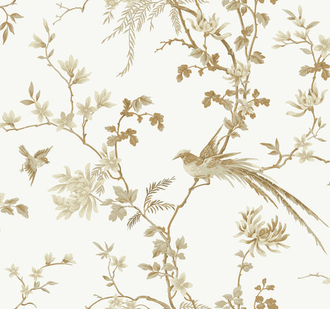 KT2174 Bird And Blossom Chinoserie Wallpaper-White/Gold