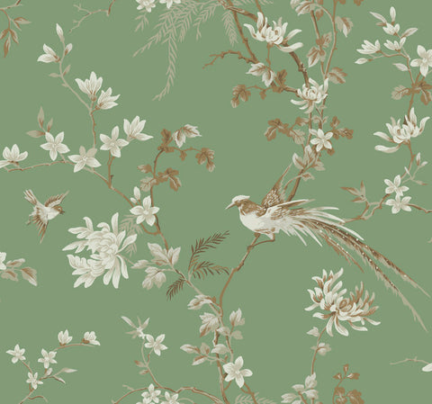 KT2175 Bird And Blossom Chinoserie Wallpaper-Green