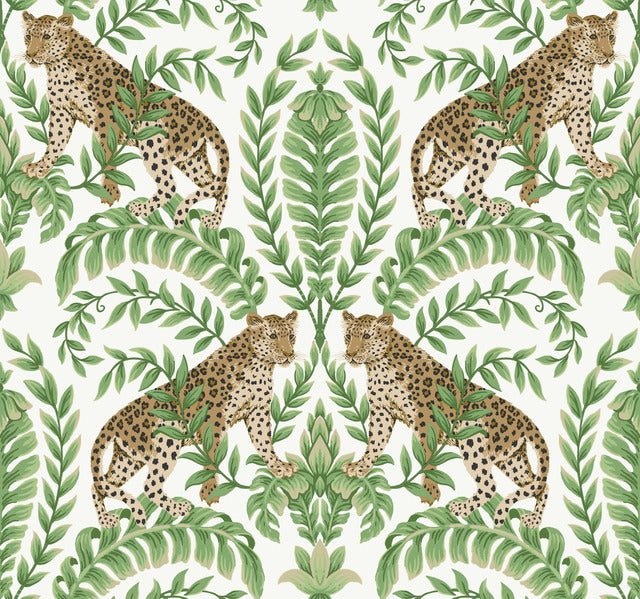 KT2203 Jungle Leopard Wallpaper-White/Green