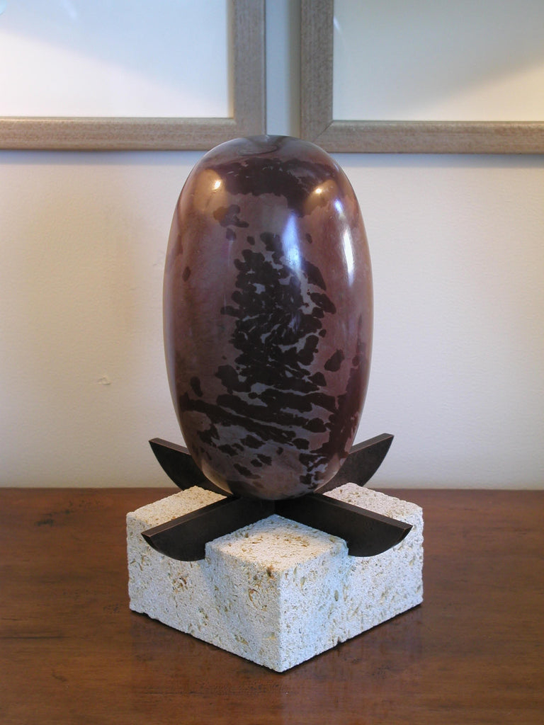 Shiva Lingam on Weathered Copper and Fossil Stone Base