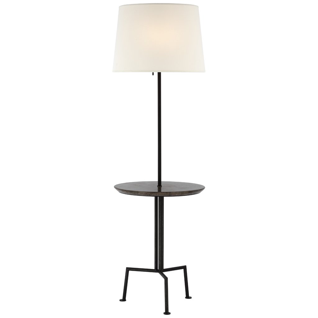 Tavlian Large Tray Table Floor Lamp in Aged Iron and Gray Marble with Linen Shade
